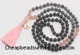 GMN6317 Knotted matte black agate, black labradorite & rose quartz 108 beads mala necklace with tassel & charm