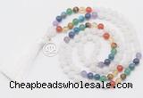 GMN6319 Knotted 7 Chakra white jade 108 beads mala necklace with tassel & charm