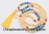 GMN6320 Knotted 7 Chakra honey jade 108 beads mala necklace with tassel & charm