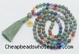 GMN6326 Knotted 7 Chakra African turquoise 108 beads mala necklace with tassel & charm