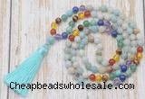 GMN6339 Knotted 7 Chakra 8mm, 10mm amazonite 108 beads mala necklace with tassel