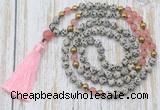 GMN6347 Knotted 8mm, 10mm dalmatian jasper & cherry quartz 108 beads mala necklace with tassel