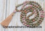 GMN6348 Knotted 8mm, 10mm matte unakite & pink wooden jasper 108 beads mala necklace with tassel