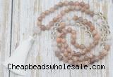 GMN6354 Knotted 8mm, 10mm sunstone, white crystal & white jade 108 beads mala necklace with tassel