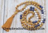 GMN6357 Knotted 8mm, 10mm golden tiger eye, lapis lazuli & matte white howlite 108 beads mala necklace with tassel