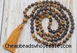 GMN6358 Knotted 8mm, 10mm yellow tiger eye, garnet & smoky quartz 108 beads mala necklace with tassel