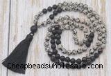 GMN6365 Knotted 8mm, 10mm dalmatian jasper, black lava & garnet 108 beads mala necklace with tassel