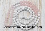 GMN6402 Hand-knotted 8mm, 10mm rose quartz & white howlite 108 beads mala necklaces