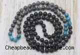 GMN6418 Hand-knotted 8mm, 10mm matte black agate, black labradorite & apatite 108 beads mala necklaces