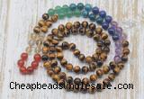 GMN6424 Hand-knotted 7 Chakra 8mm, 10mm yellow tiger eye 108 beads mala necklaces