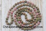 GMN6448 Hand-knotted 8mm, 10mm matte unakite & pink wooden jasper 108 beads mala necklaces