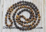 GMN6458 Knotted 8mm, 10mm yellow tiger eye, garnet & smoky quartz 108 beads mala necklaces