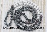 GMN6459 Knotted 8mm, 10mm snowflake obsidian, garnet & matte white howlite 108 beads mala necklaces