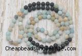 GMN6463 Hand-knotted 8mm, 10mm matte amazonite & black lava 108 beads mala necklaces