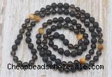 GMN6469 Knotted 8mm, 10mm black lava, smoky quartz & golden tiger eye 108 beads mala necklaces