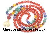 GMN6486 Knotted 7 Chakra 8mm, 10mm red agate 108 beads mala necklace with charm