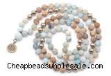 GMN6490 Knotted 8mm, 10mm matte amazonite & picture jasper 108 beads mala necklace with charm