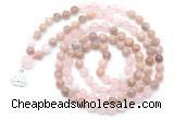 GMN6501 Knotted 8mm, 10mm sunstone, rose quartz & white jade 108 beads mala necklace with charm