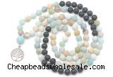 GMN6509 Knotted 8mm, 10mm matte amazonite & black lava 108 beads mala necklace with charm