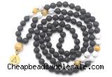 GMN6515 Knotted 8mm, 10mm black lava, matte white howlite & golden tiger eye 108 beads mala necklace with charm