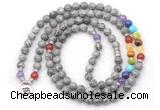 GMN7095 7 Chakra 8mm grey picture jasper 108 mala beads wrap bracelet necklaces