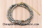 GMN7229 4mm faceted round tiny silver leaf jasper beaded necklace jewelry