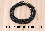 GMN7545 4mm faceted round tiny black onyx beaded necklace with letter charm