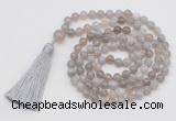 GMN802 Hand-knotted 8mm, 10mm grey banded agate 108 beads mala necklace with tassel