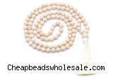 GMN8414 8mm, 10mm white fossil jasper 27, 54, 108 beads mala necklace with tassel