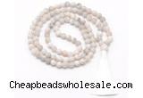 GMN8444 8mm, 10mm matte white crazy agate 27, 54, 108 beads mala necklace with tassel