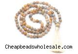 GMN8445 8mm, 10mm matte yellow crazy agate 27, 54, 108 beads mala necklace with tassel