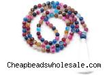 GMN8496 8mm, 10mm colorful banded agate 27, 54, 108 beads mala necklace with tassel