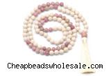 GMN8550 8mm, 10mm white fossil jasper & pink wooden jasper 108 beads mala necklace with tassel