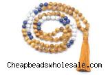 GMN8571 8mm, 10mm golden tiger eye, lapis lazuli & matte white howlite 108 beads mala necklace with tassel