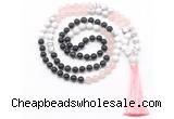 GMN8583 8mm, 10mm black agate, rose quartz & white howlite 108 beads mala necklace with tassel