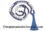 GMN8587 8mm, 10mm amethyst, white crystal & lapis lazuli 108 beads mala necklace with tassel