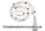 GMN8600 Hand-knotted 7 Chakra 8mm, 10mm white howlite 108 beads mala necklace with tassel