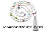 GMN8601 Hand-knotted 7 Chakra 8mm, 10mm white howlite 108 beads mala necklace with tassel