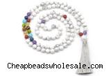 GMN8602 Hand-knotted 7 Chakra 8mm, 10mm white howlite 108 beads mala necklace with tassel