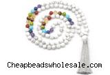 GMN8603 Hand-knotted 7 Chakra 8mm, 10mm white howlite 108 beads mala necklace with tassel