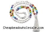 GMN8604 Hand-knotted 7 Chakra 8mm, 10mm white howlite 108 beads mala necklace with tassel