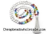 GMN8605 Hand-knotted 7 Chakra 8mm, 10mm white howlite 108 beads mala necklace with tassel