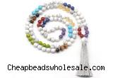 GMN8606 Hand-knotted 7 Chakra 8mm, 10mm white howlite 108 beads mala necklace with tassel