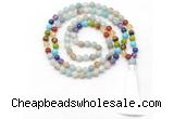 GMN8611 Hand-knotted 7 Chakra 8mm, 10mm amazonite 108 beads mala necklace with tassel