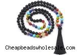 GMN8615 Hand-knotted 7 Chakra 8mm, 10mm black lava 108 beads mala necklace with tassel