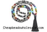 GMN8624 Hand-knotted 7 Chakra 8mm, 10mm black water jasper 108 beads mala necklace with tassel