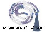 GMN8629 8mm, 10mm matte amethyst, white crystal & lapis lazuli 108 beads mala necklace with tassel