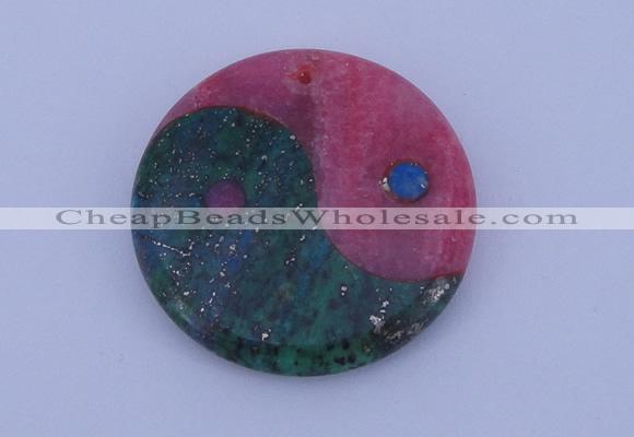 NGP208 6*40mm coin dyed rhodochrosite & chrysocolla gemstone pendant