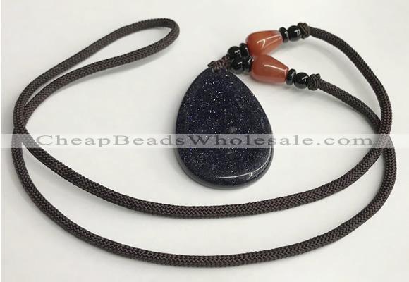 NGP5615 Blue goldstone flat teardrop pendant with nylon cord necklace